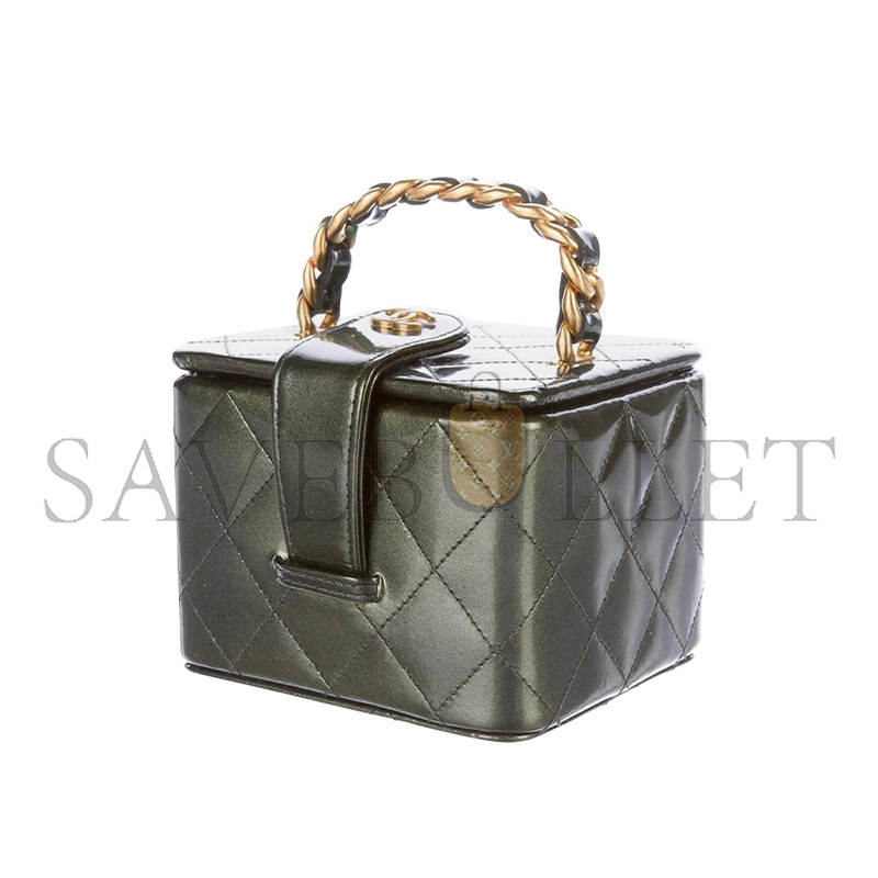 Ch**el vanity case micro mini 90s vintage iridescent rare green patent clutch (11*10*8cm)